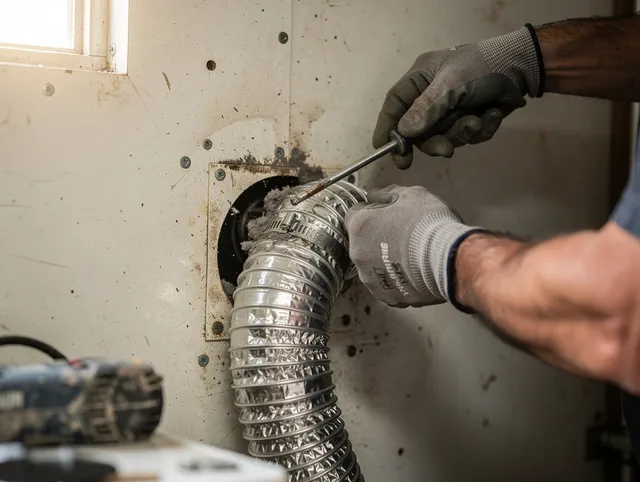 Concord Dryer Vent Cleaning technician performing precise dryer vent hose installation in Concord